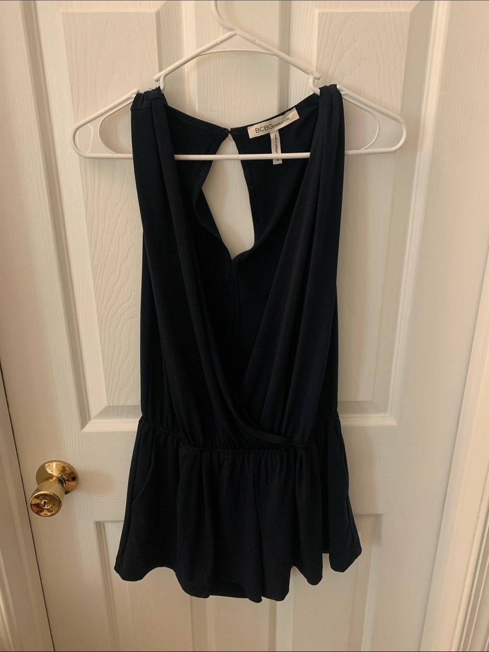 BCBG Navy Draped Surplice Waist Romper